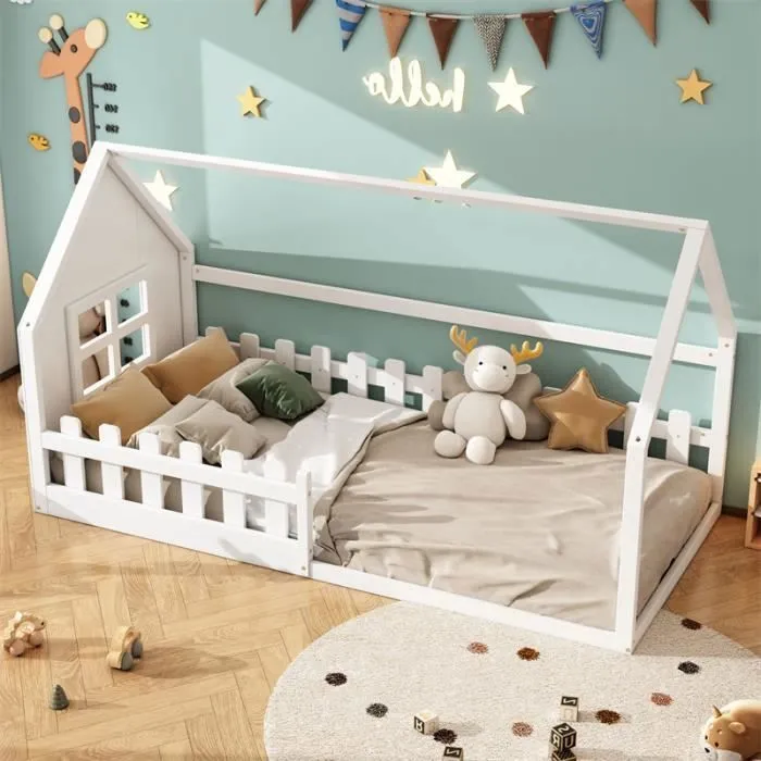 Lit cabane - Blanc - 90x200cm - Bois massif - Design maison - 1 place-2