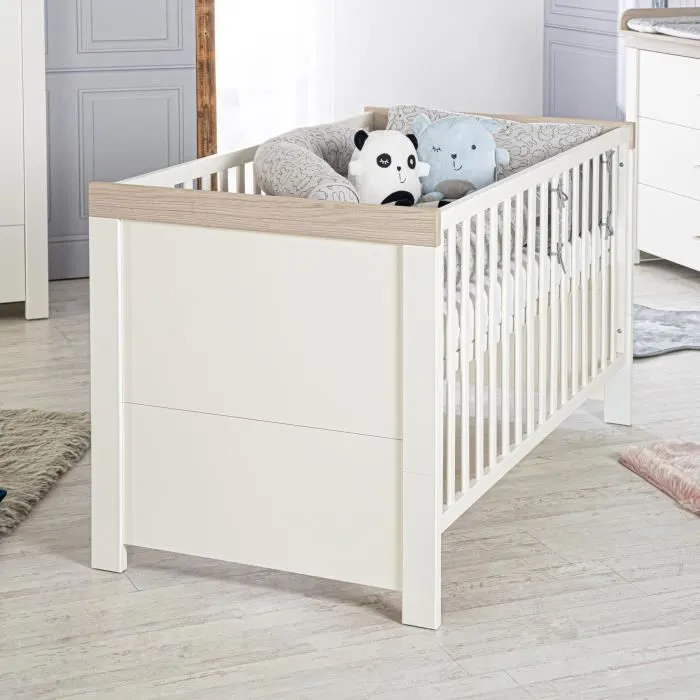 ROBA Lit Bébé Évolutif 70x140 cm - Lucy - Hauteur Ajustable à 3 Niveaux - Convertible en Lit Junior - Blanc Canadien / Effet Bois-1