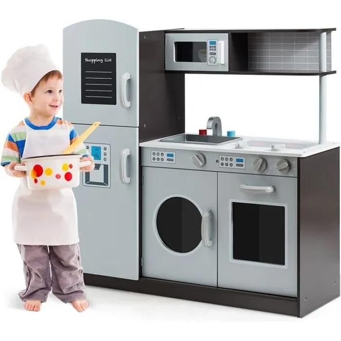 COSTWAY Cuisine Enfant en Bois avec Sons Réel Jouet Cuisinière avec Four, Micro-ondes, Réfrigérateur, etc. de 3 à 8 Ans-0