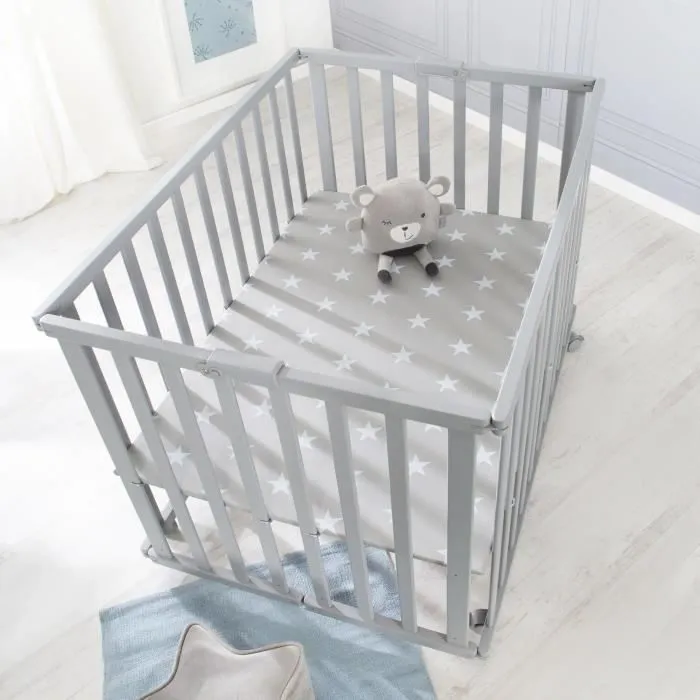 Parc bébé pliable - ROBA - LITTLE STARS - 75 x 100 cm - Hauteur réglable - 4 Roues freinées - Bois Laqué Gris Taupe - Motif Étoile-2