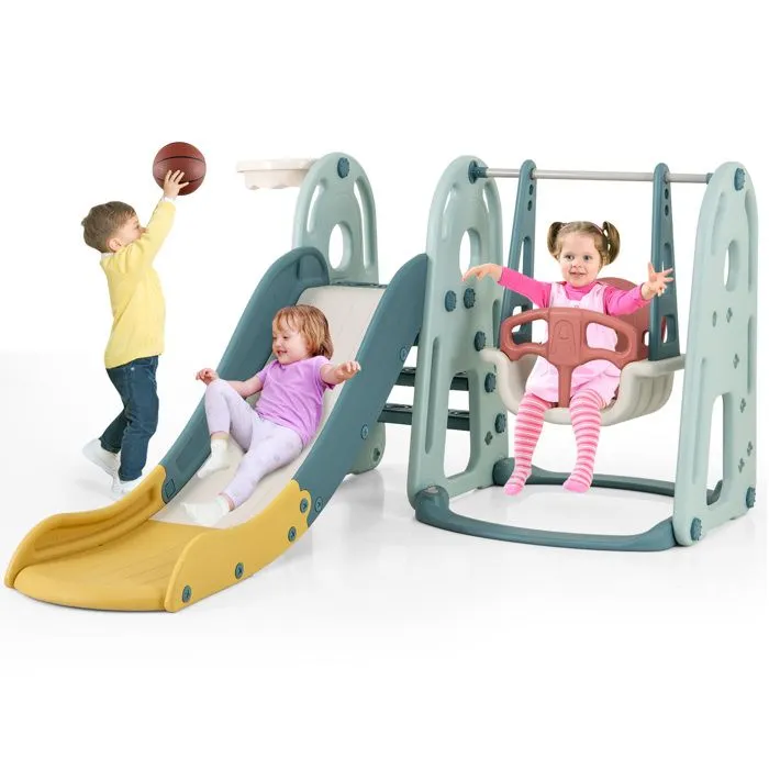 Ensemble de Toboggan pour Enfants COSTWAY-4 en 1-18+ Mois-Balançoire Réglable en 3 Hauteur-Panier et Ballon de Basket-Zone Tampon-0