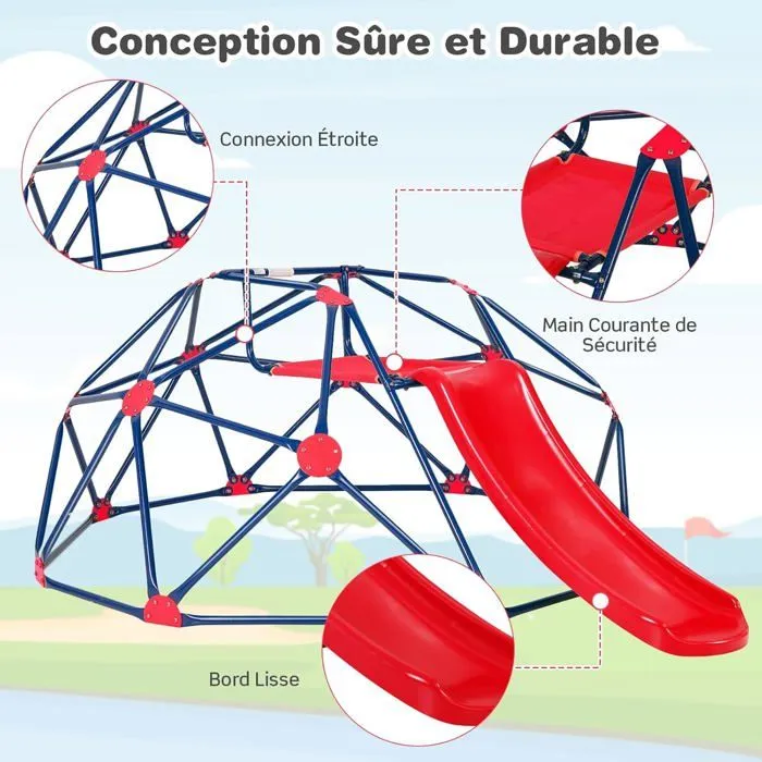 COSTWAY Dôme d'escalade avec Toboggan 241,5 x 183 x 91,5 CM, Cadre en Métal Robuste, Jouet Extérieure pour Enfants 3-10 Ans Rouge-5