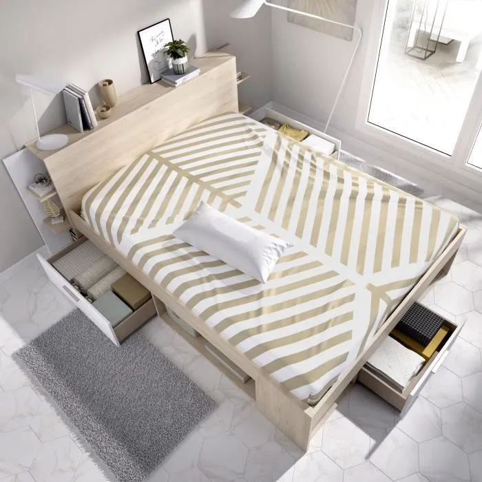 SAX Lit adulte - 140x190 cm - 3 tiroirs + Tête de lit avec rangement - Décor chêne et blanc-2