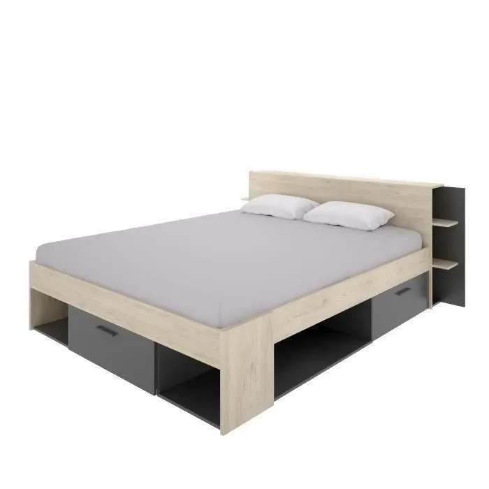 SAX Lit adulte - 160x200 cm - 3 tiroirs + Tête de lit avec rangement - Décor chêne et anthracite-0