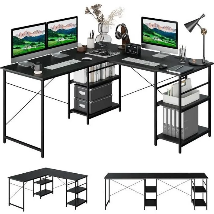 COSTWAY Bureau d'Angle - 151 x 151 x 75 CM - Ajustable à Bureau Droit,4 Etagère de Rangement,Grand Table pour 2 Personnes Noir-0