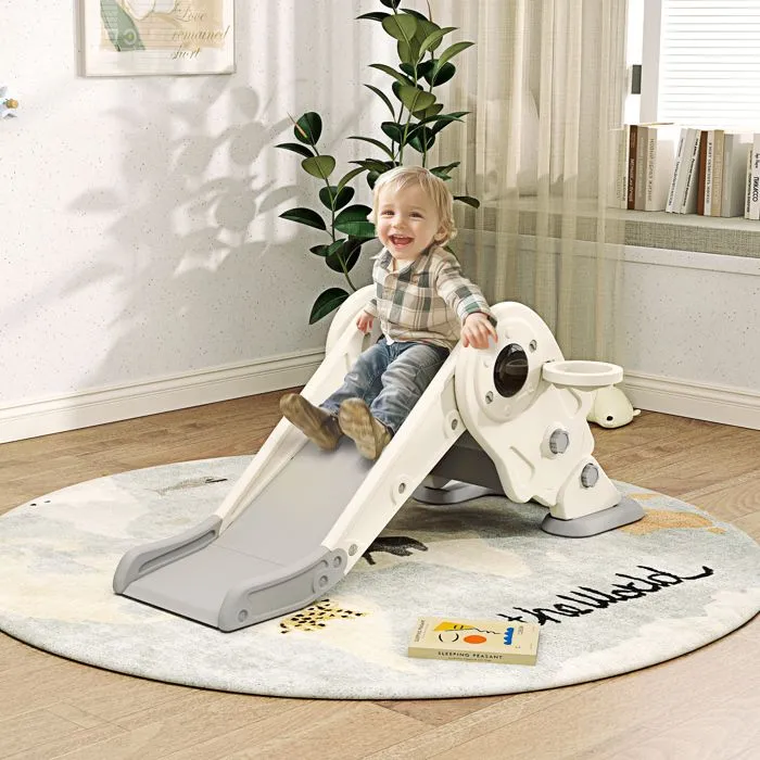 3 en 1 Toboggan pour enfants AIYAPLAY panier de basket et escalade, toboggan intérieur pour enfants pliable, de 2 à 5 ans, crème-1