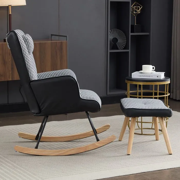 Fauteuil à bascule en tissu avec repose-pieds et repose-tête, noir et blanc-2