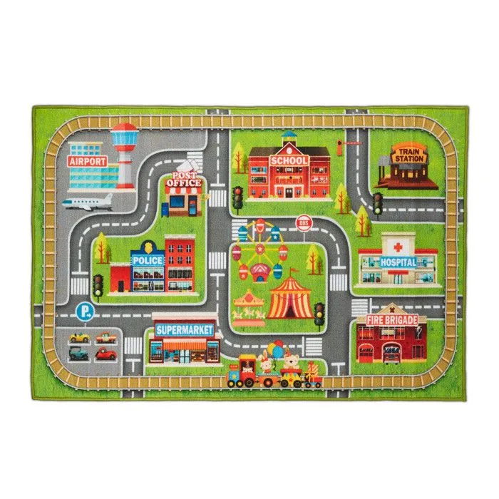 Relaxdays Tapis de jeux voiture, motif ville, antidérapant, pour votre enfant, polyester, L x P 150 x 100 cm, coloré-0