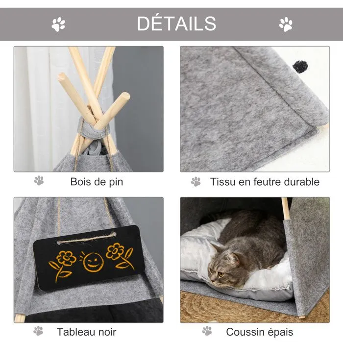 PawHut Tente tipi pour animaux - teepee chat ou chien - coussin épais grand confort inclus - structure bois de pin feutre peluche PV-4