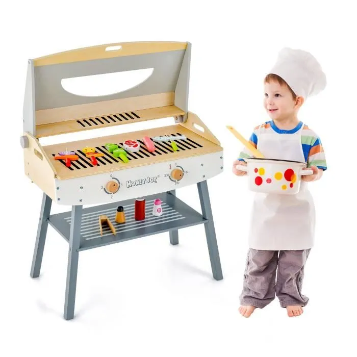 COSTWAY Jouet Barbecue Grill en Bois pour Enfants 3 Ans+, 17 Accessoires, Couvercle Rabattable, Son Réaliste Cadeaux Idéal-0