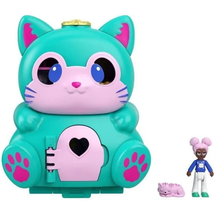 Polly Pocket - Coffret transformable Chat, avec mini-poupée, figurine de chat et surprises - Mini-Poupée - Dès 4 ans-0