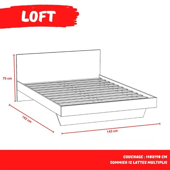 Lit LOFT 140x190 + 1 sommier + tête de lit / Décor Chêne blanchi-4