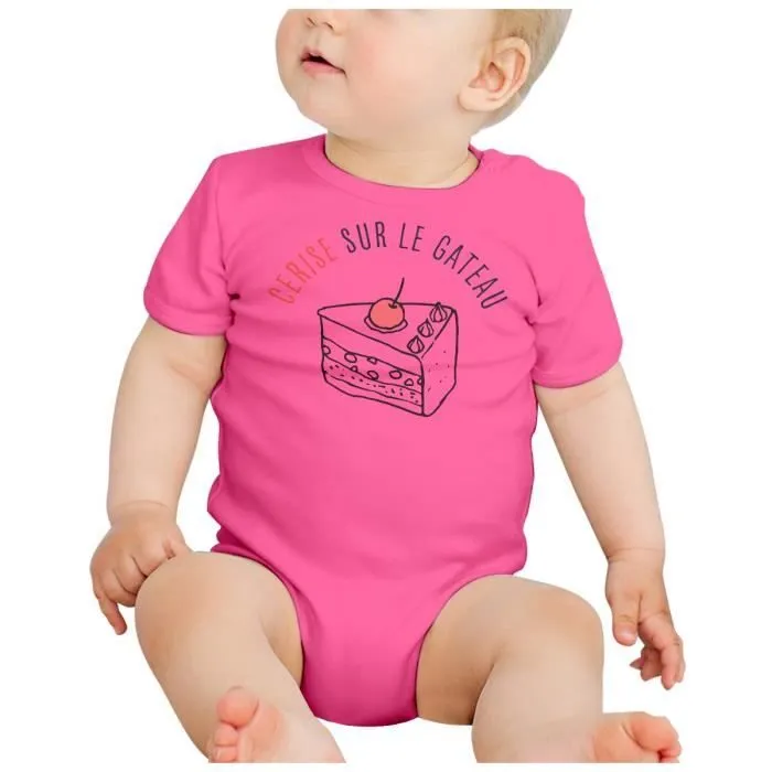 Body Bébé Manche Courte Rose Cerise Sur le Gateau Printemps Illustration Dessin-1