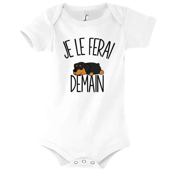 Body bébé Rottweiler - Je le ferai Demain - Blanc - Mixte - 3-6 mois - Collection Animaux Humour-0