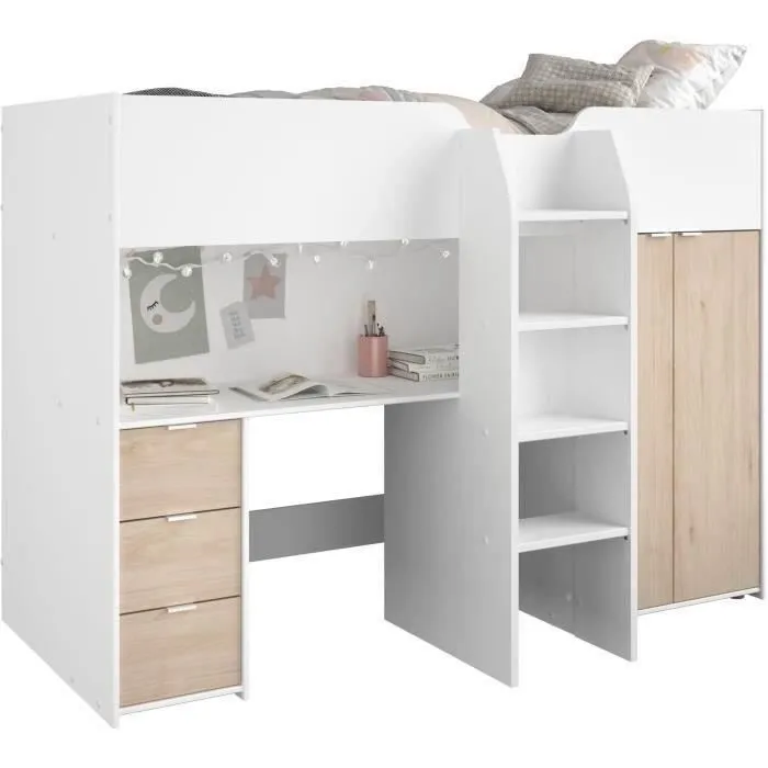 Lit combiné mezzanine enfant - TOM - Blanc et chêne - Armoire, bureau et sommier inclus-0