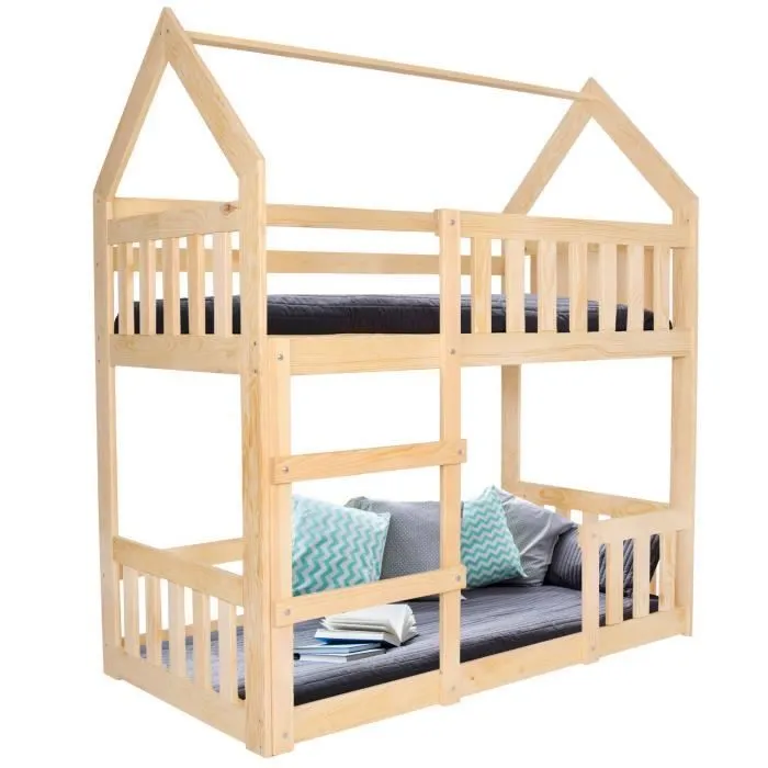 Lit superposé - Springos® - Maison en bois massif - 80 x 160 cm - 2 places - Barrière de sécurité-0