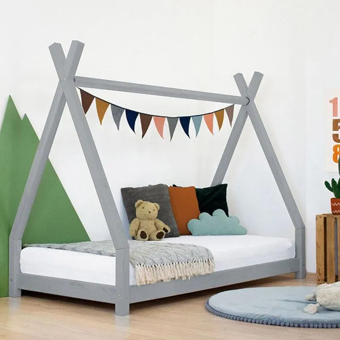 Lit Tipi enfant Benlemi - bois massif - gris - 90 x 200 cm - Sommier inclus - Montessori-0