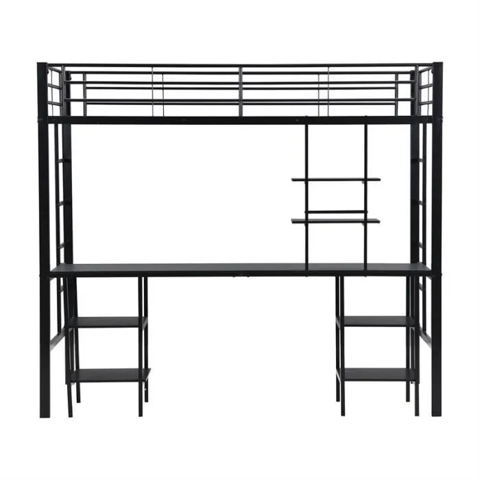 Lit mezzanine - Noir - 90x200cm - Avec table et étagères - Grille antichute - Métal et MDF-2