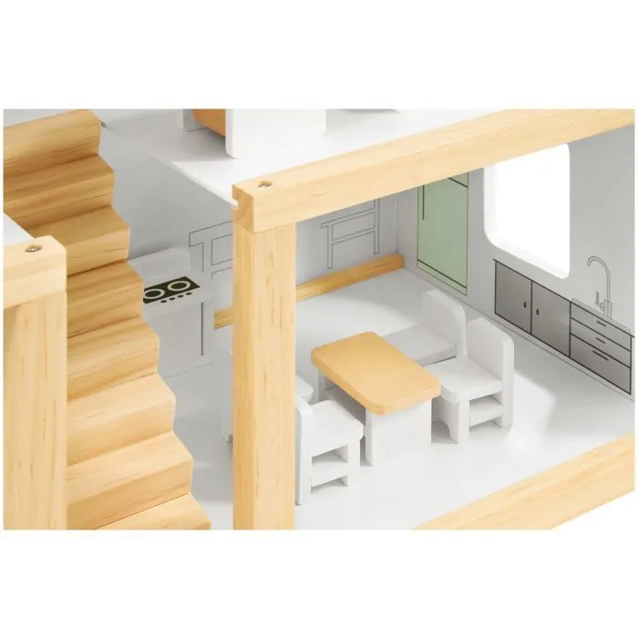 Mamabrum Maison de Poupées en Bois avec Grande Terrasse 4 Figurines, 3 Etages, 2 Chambres, Cuisine, Salon & 19 Pièces Mobiles (CE)-4