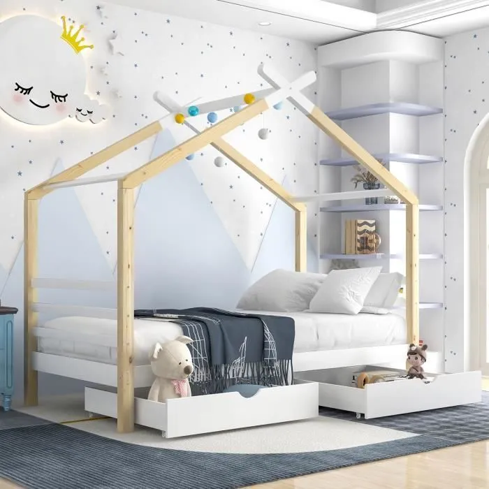 Lit cabane enfant 90x200 cm en bois, avec tiroirs et sommier à lattes, naturel et blanc-0