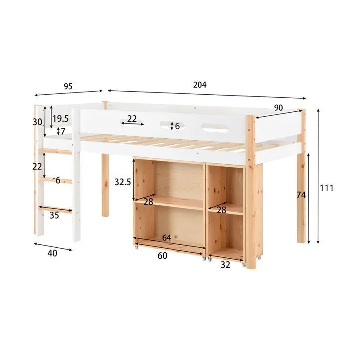 Lit mezzanine 90x200cm, avec armoire mobile, escalier, en bois massif, anti-chute, pin+MDF, naturel+blanc-3