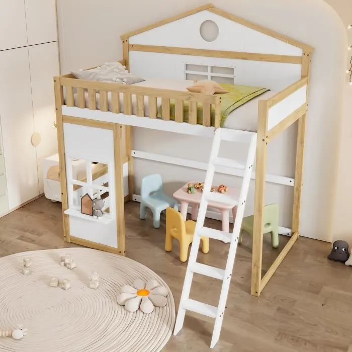 Lit mezzanine - Enfant - 90x200cm - Blanc + Naturel - Toit et fenêtres - Sécurisé avec balustrades-1