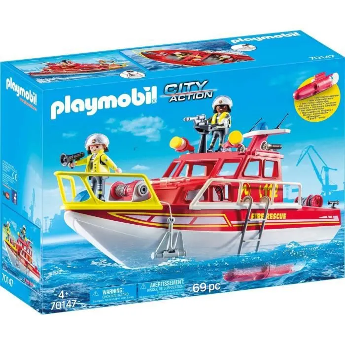 Bateau de sauvetage et pompiers - PLAYMOBIL 70147 - Avec moteur submersible et treuils-0