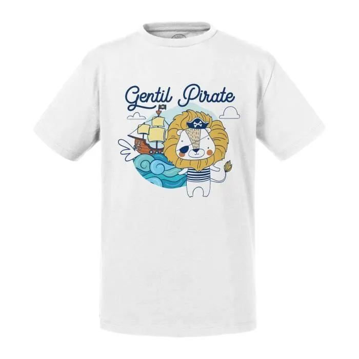 T-shirt Enfant Blanc Lion Gentil Pirate Dessin Illustration Capitaine-0