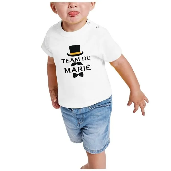 T-shirt Bébé Manche Courte Blanc Team du Marié Smoking Mariage Mariée Gentleman Tuxedo-1