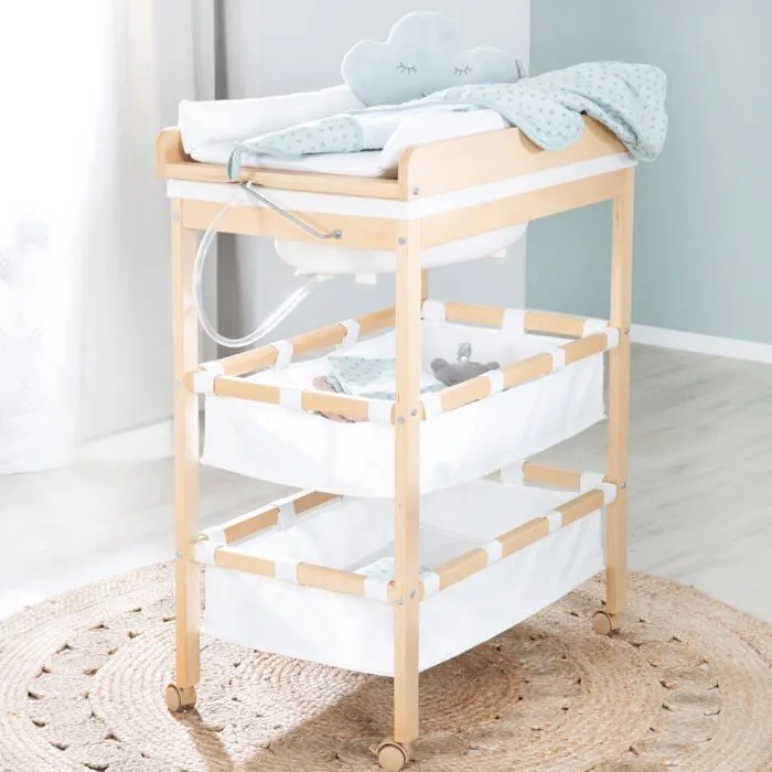 ROBA Table à Langer avec Baignoire Baby Pool en Bois Naturel + Matelas à Langer Hydrofuge et Étagères en tissu - Plan Pivotable-1