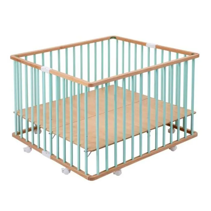 Parc bébé en bois pliant Gaby bicolore vert menthe avec plancher réglable et roulettes - Combelle-0