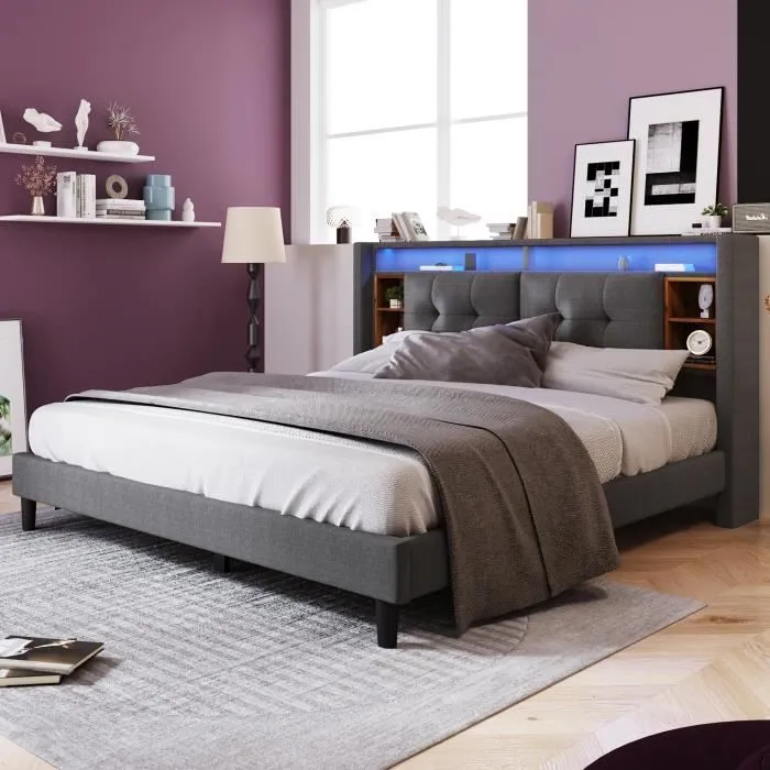Lit adulte 160x200 cm - Tête de lit avec rangement , LED et ports USB - Sommier inclus - Gris-0