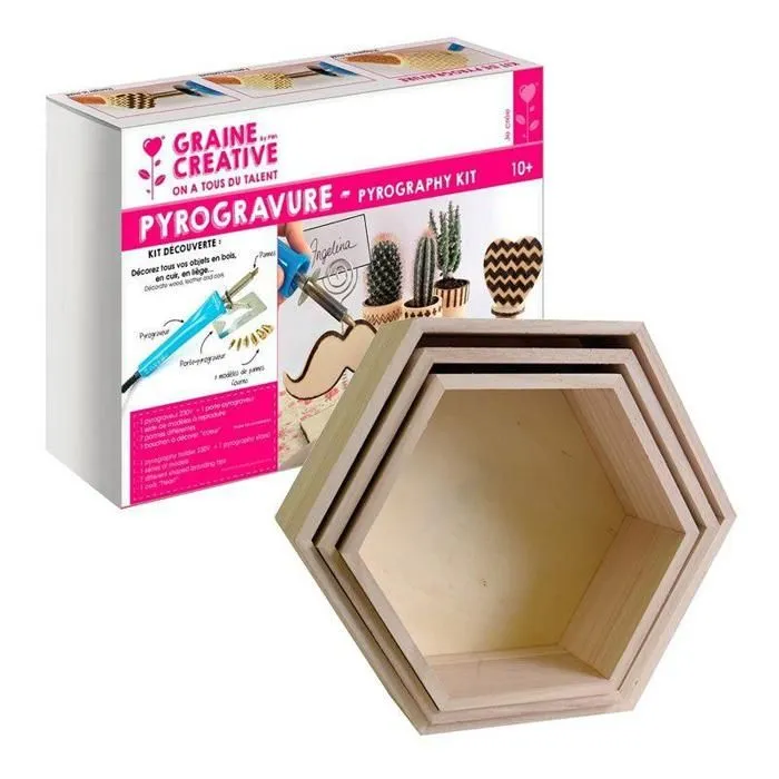 Coffret pyrogravure + 3 étagères hexagonales bois 30-40 cm-0