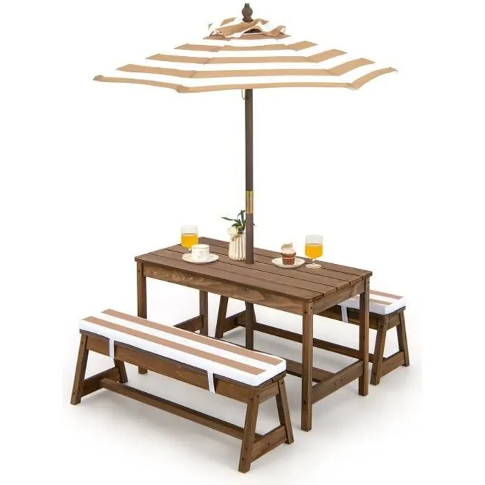 Table et 2 Bancs de Jardin avec Parasol et Coussins en Sapin pour 4 Enfants - COSTWAY-0