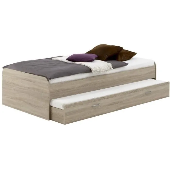 Lit gigogne pour un double couchage - Décor chêne - L94,6 x H50,5 x P203 cm - Fabriqué en Allemagne-0
