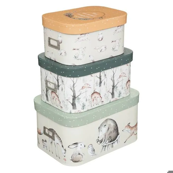 Boites de rangement en carton déco les animaux de la forêt - ATMOSPHERA - Lot de 3 - Multicolore - Vert-0
