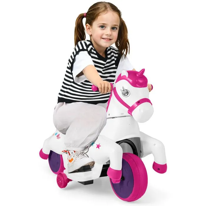 COSTWAY 12V Moto Électrique Enfant Licorne avec Musique, Roues d'Entraînement & Mode Équitation, 3 km/h, 30kg, 3 Ans+, Rose-0