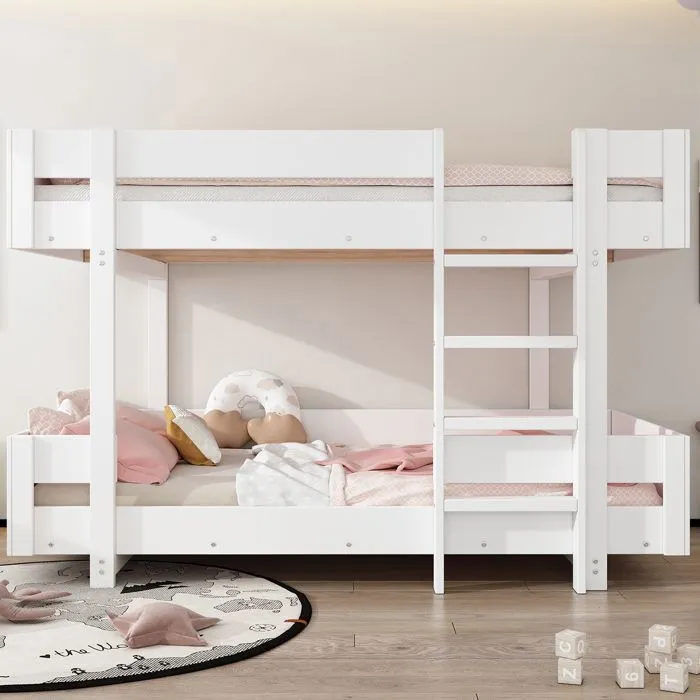 Lit superposé - Blanc - 90x200cm - Bois massif - 2 places - Style moderne-1