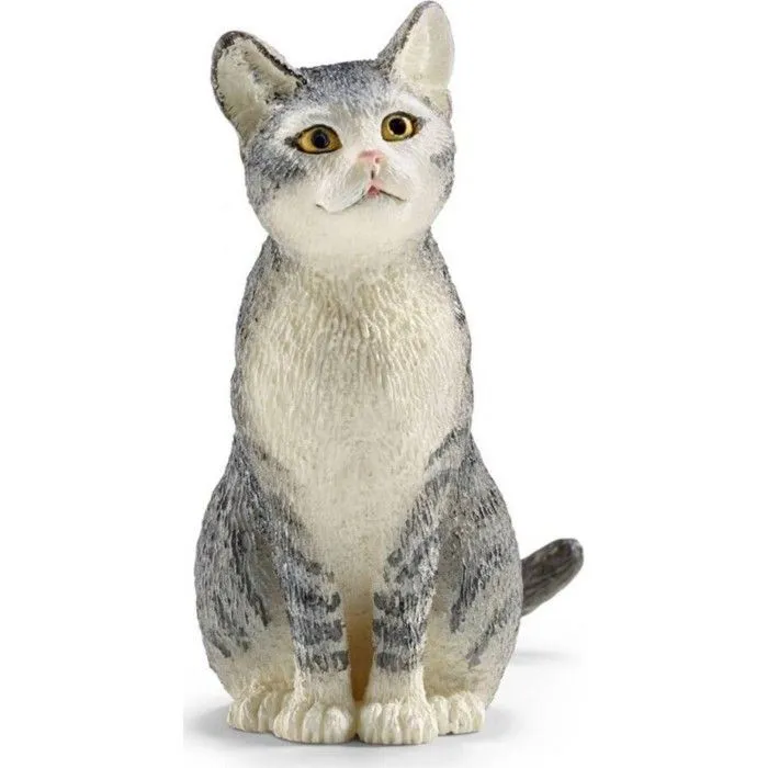 Figurine Chat Assis SCHLEICH - Animal de la ferme - Gris et Blanc - A partir de 3 ans-0