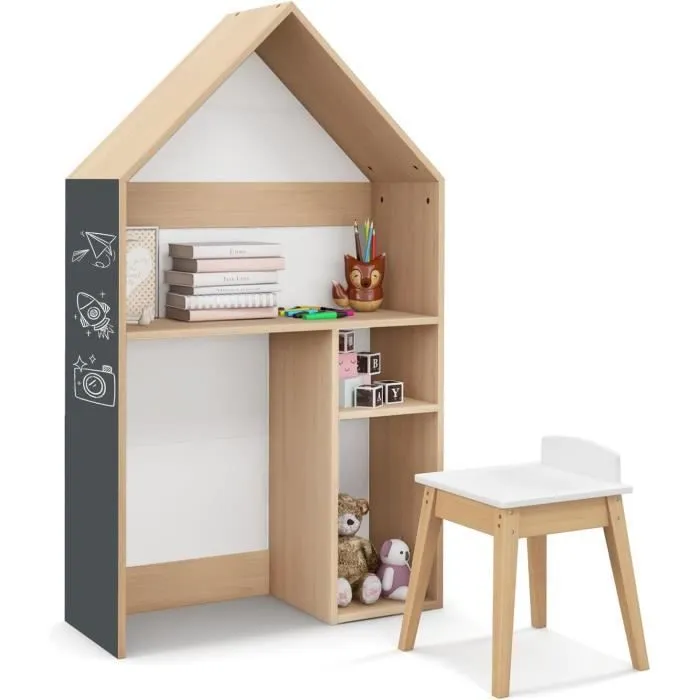 COSTWAY Table Cabane Enfants avec Chaise 2 en 1 Bibliothèque - Tableau Noir, Espace de Rangement, Dispositif Anti-Basculement-0