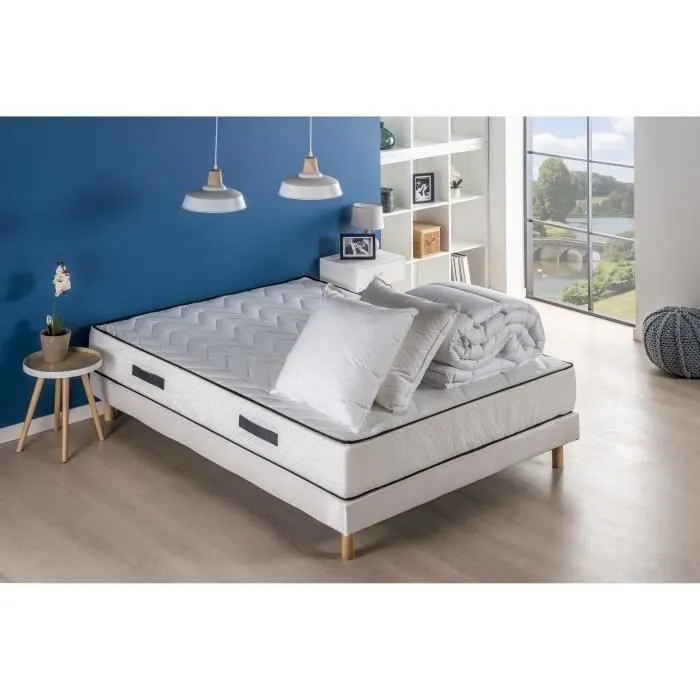 Pack Matelas 140x190cm + Sommier + couette + 2 oreillers - Ressorts ensachés - 7 zones de confort - 24 cm - Equilibré - DEKO DREAM-0