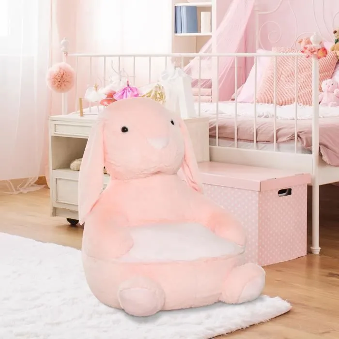 HOMCOM Fauteuil Enfant Lapin dim. 60L x 50l x 59H cm garnissage Moelleux Coton revêtement Peluche Douce Courte Rose-1