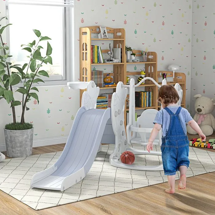 AIYAPLAY - Ensemble Portique Toboggan Panier Enfant - Plastique - 150x185x92cm - Gris-2