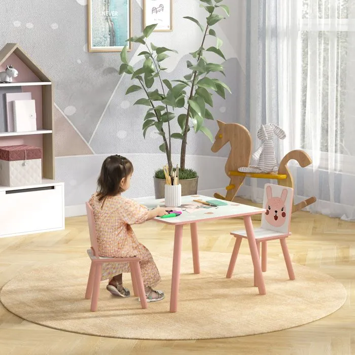 Ensemble table et chaises pour enfants - ZONEKIZ - motif animaux - pour chambre à coucher salle de jeux - pieds en bois - rose-1