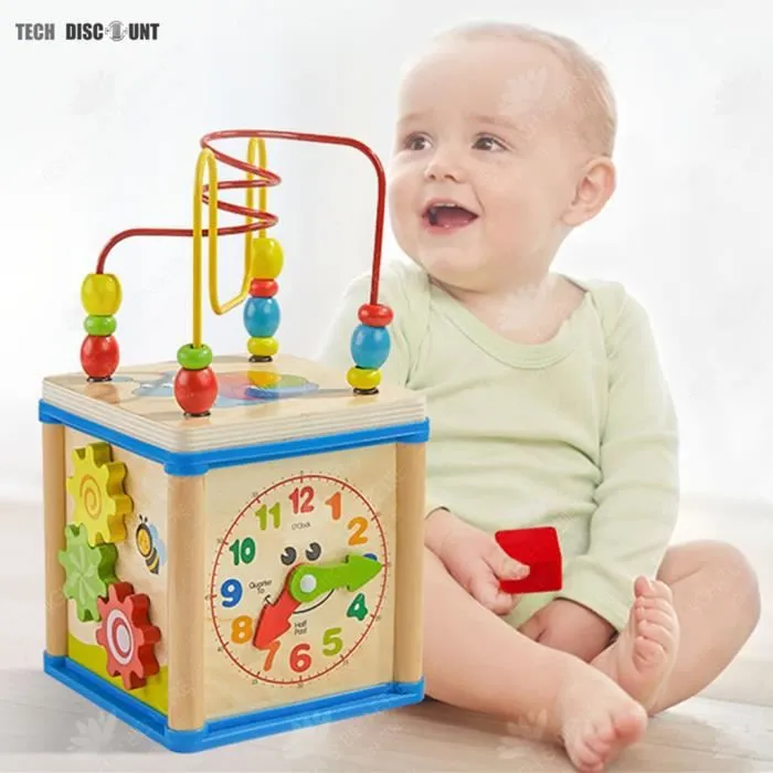 HTBE® Horloge en bois multi-fonction perlée boîte au trésor 1-6 ans quatre faces jeu d'éducation précoce pour enfants boîte perlée-3