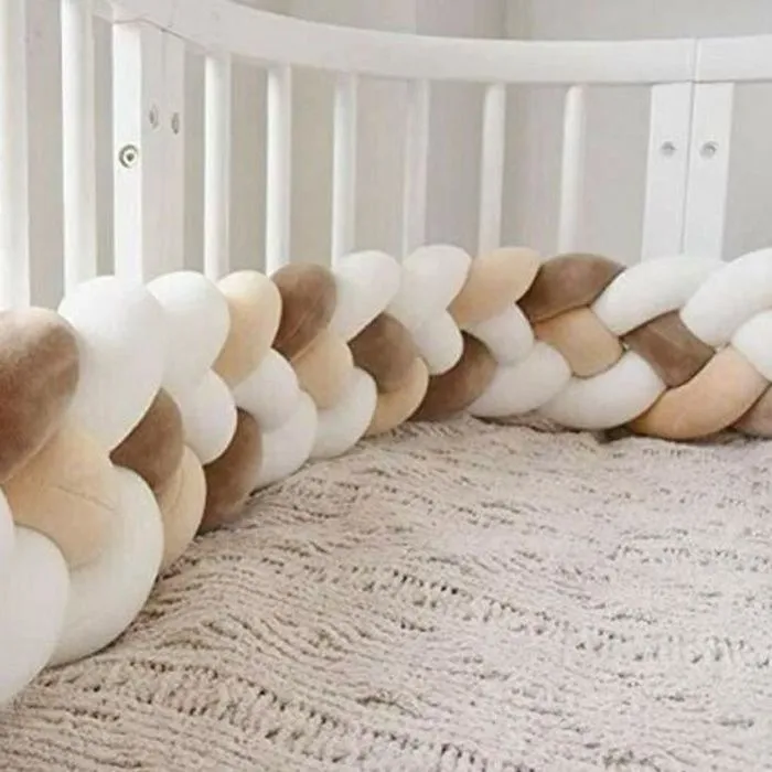 2M Tour de Lit Coussin Serpent Coussin Tressé Pare-chocs Velours Protection Bébé, Blanc+Blanc+Kaki+Marron-0