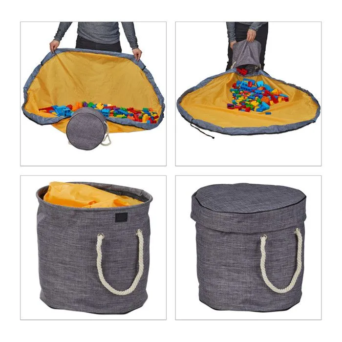 Relaxdays Sac de rangement avec couverture de jeu, stockage jouets, enfants, chambre rangée, HxD 30x32 cm, gris-orange-5