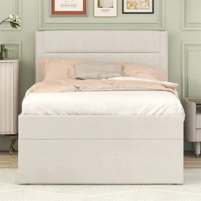 Lit coffre simple 90x200cm - DREAMMESPACE - Beige - Métal - Sommier à lattes - 1 place-1
