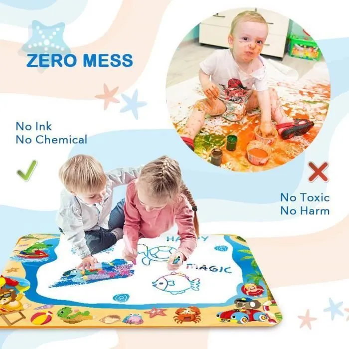 Tapis Doodle Mat Enfant, 100*70 cm Coloré Tapis de Dessin Eau -25pcs,avec Outil de Tampon Rouleau,Jouets éducatifs pour Enfants-1