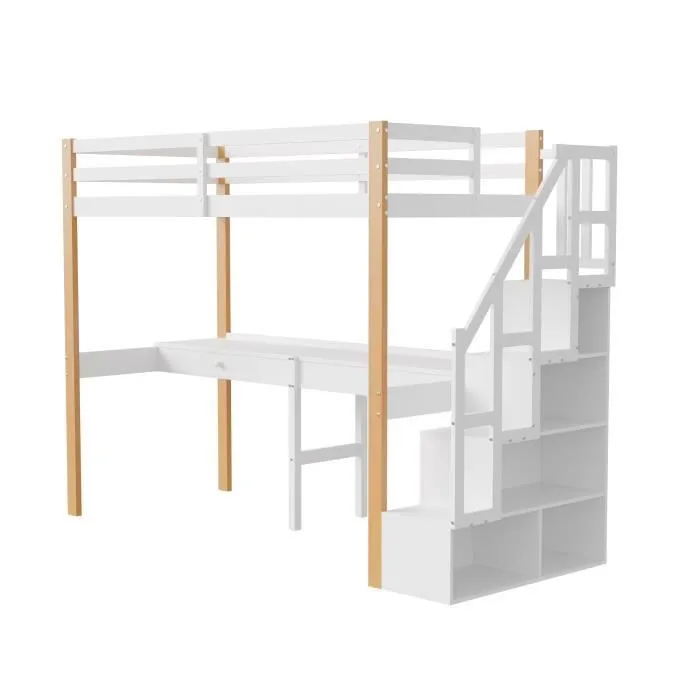 Lit mezzanine 90x200cm - lit enfant avec sommier à lattes, échelle avec étagères de rangement et bureau avec é tiroirs - Naturel-2